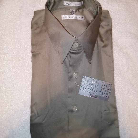 🆕 Geoffrey Beene | Green Sateen Button Down Dress Shirt Size 16 Neck - Picture 8 of 12